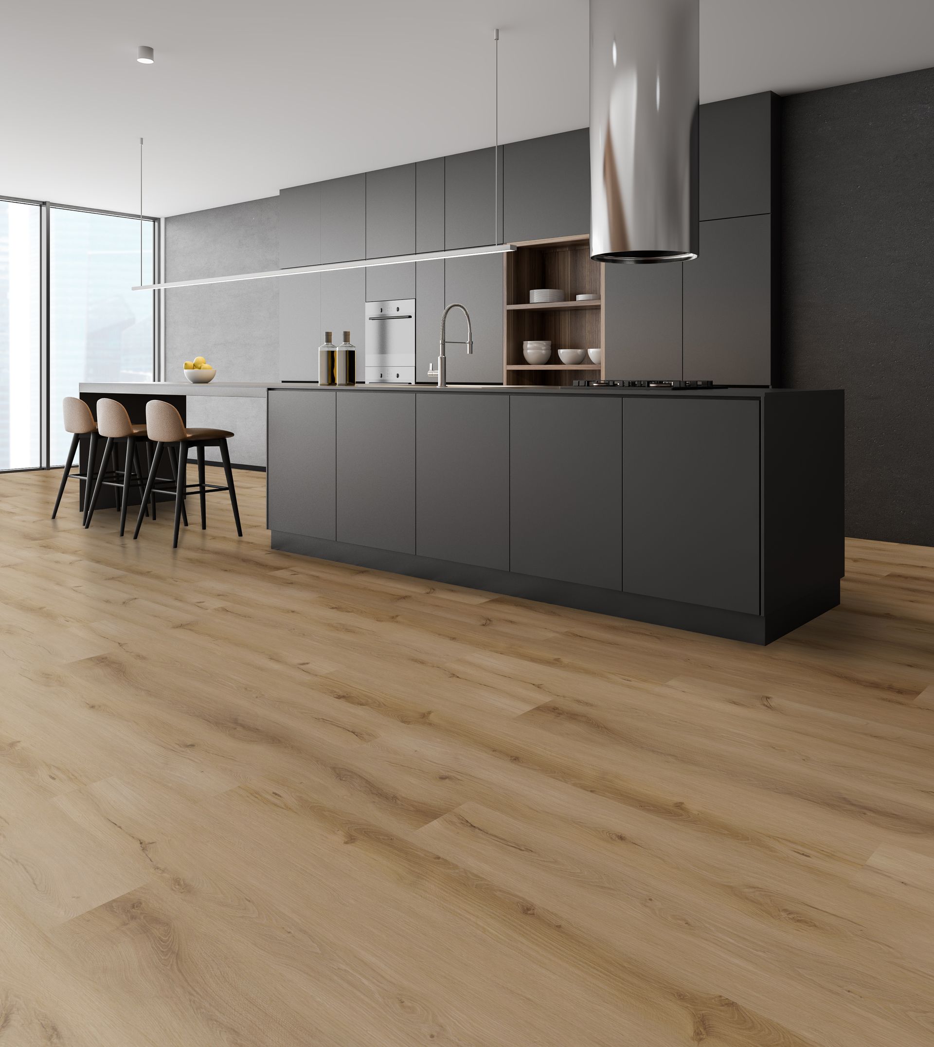 Modern kitchen with dark island, wood floors, dining table, and large windows