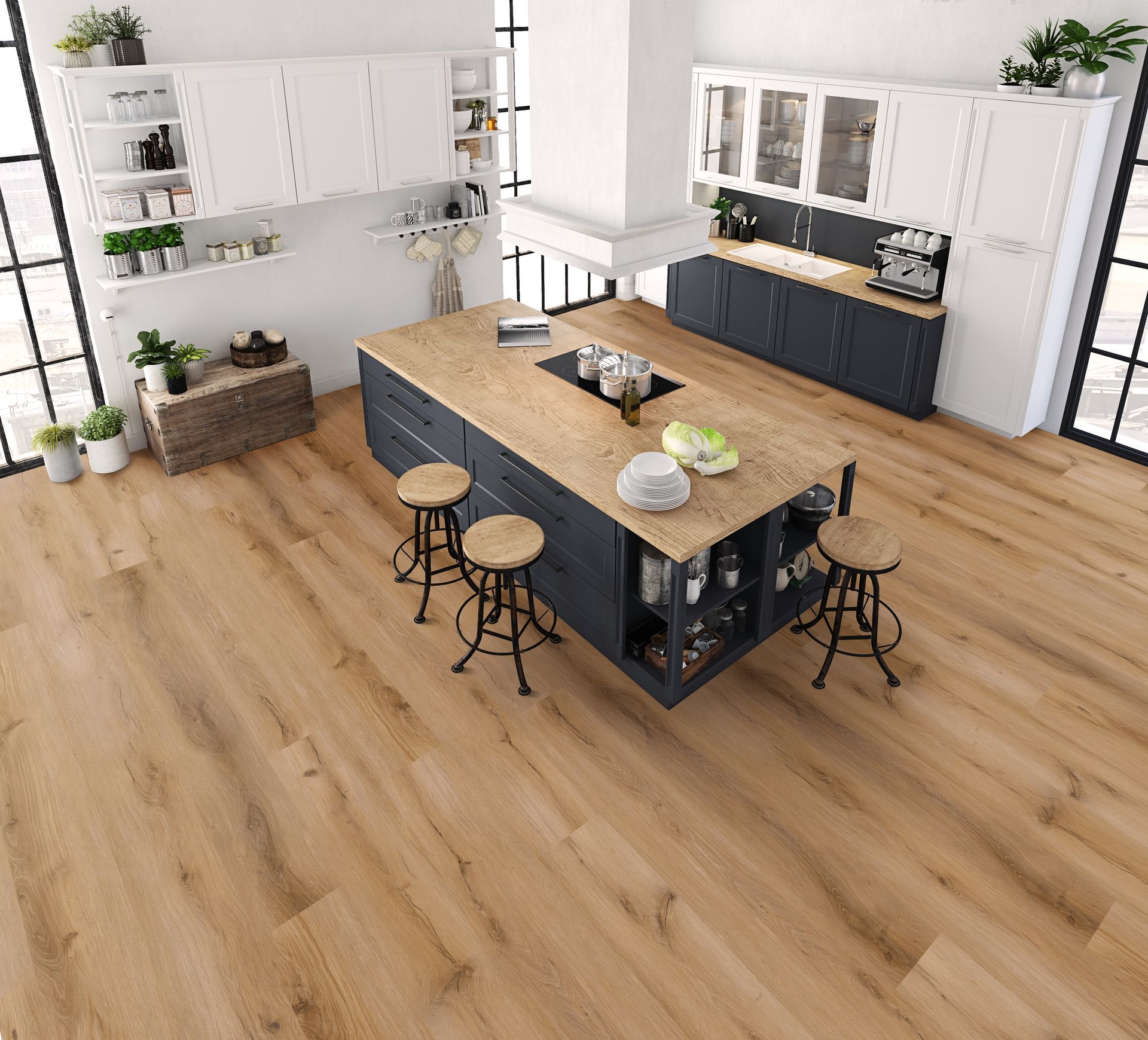 Modern kitchen with wood floor, central island, black stools, white cabinets, and open shelving
