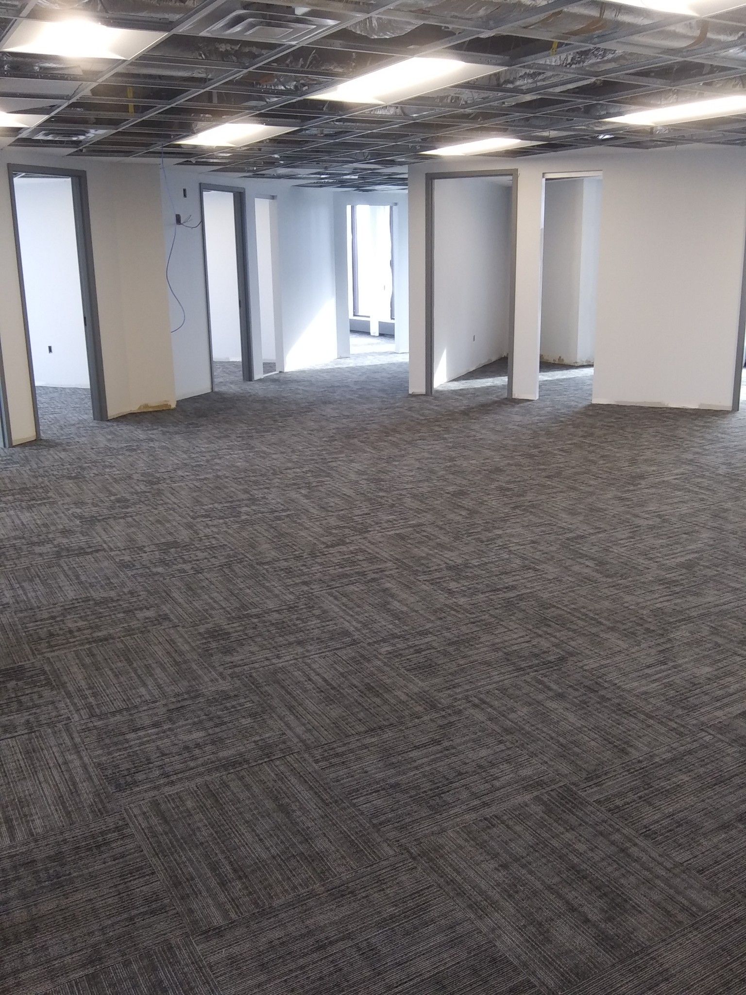 Empty office interior with gray carpet, white walls, and exposed ceiling grid.
