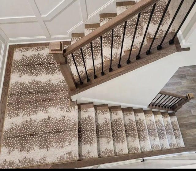 Two carpeted staircases with dark wooden railings in a bright interior hallway.