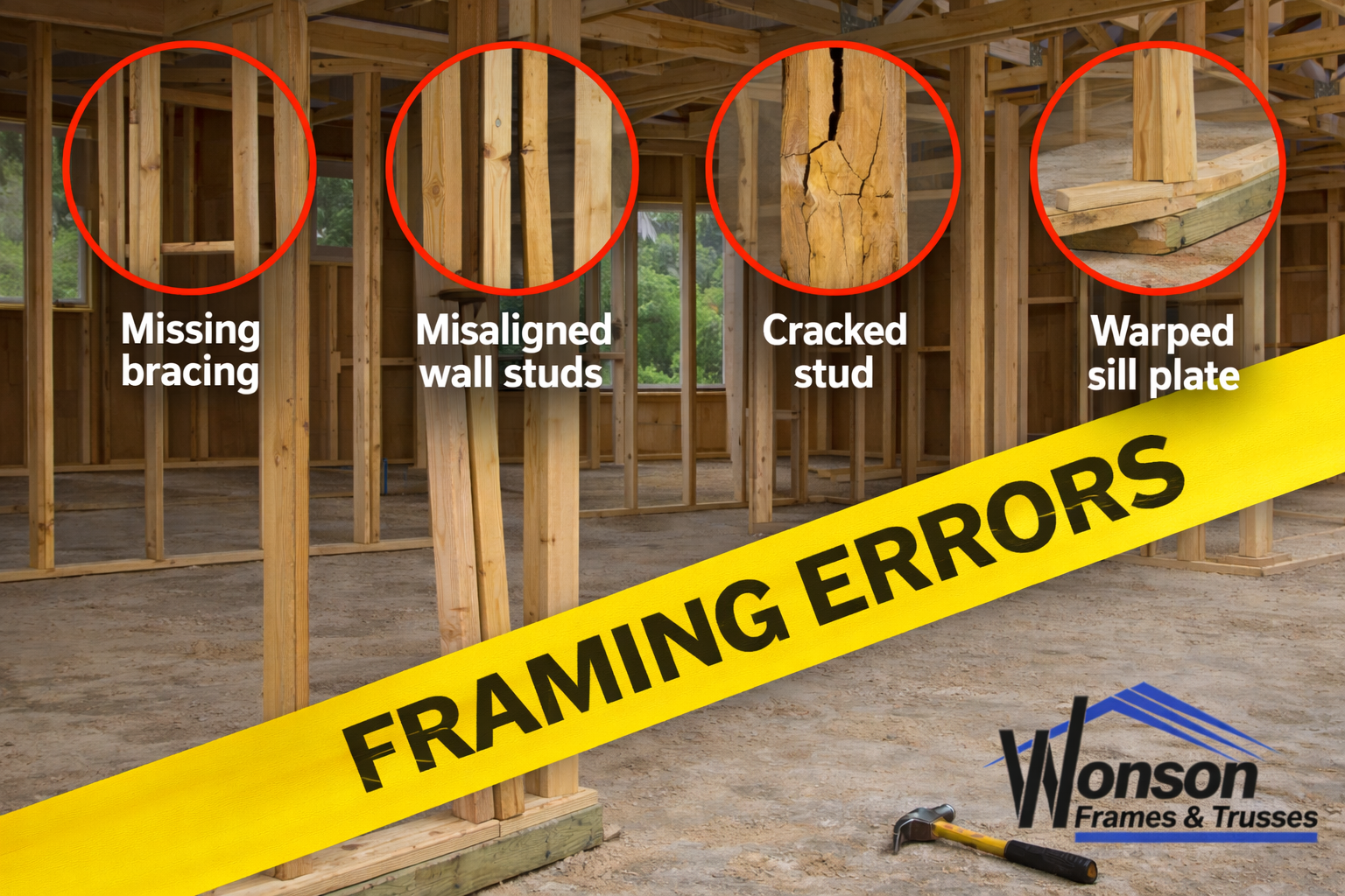 Common timber framing mistakes showing misaligned studs and roof truss errors