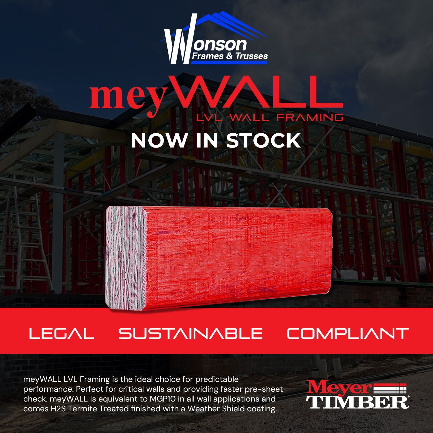 meyWALL LVL wall framing timber with H2 termite protection for structural wall applications