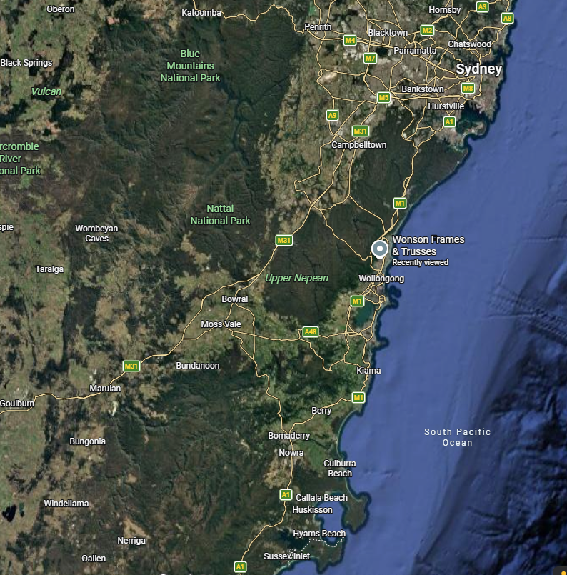 Service area map showing timber frame and roof truss supply across Illawarra, Sydney, Southern Highlands and South Coast NSW