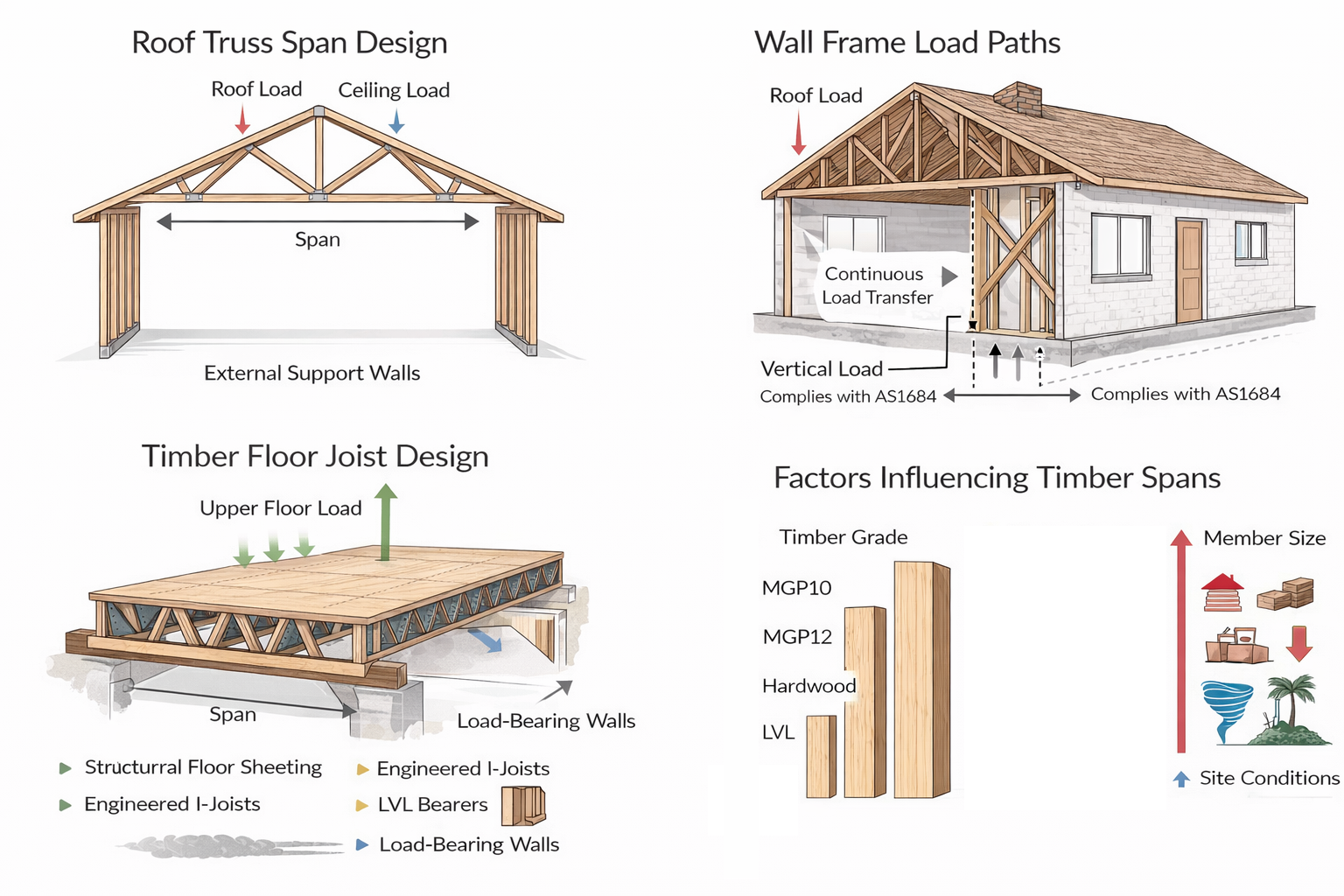 Diagram showing timber span design including roof truss spans, wall frame load paths and engineered floor joist systems used in residential construction.