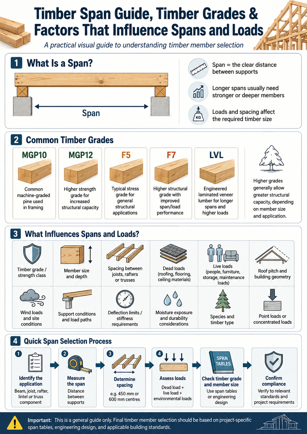 Timber span guide explaining timber grades, span distances, member sizing, joist spacing, roof loads, live loads and structural timber design factors.