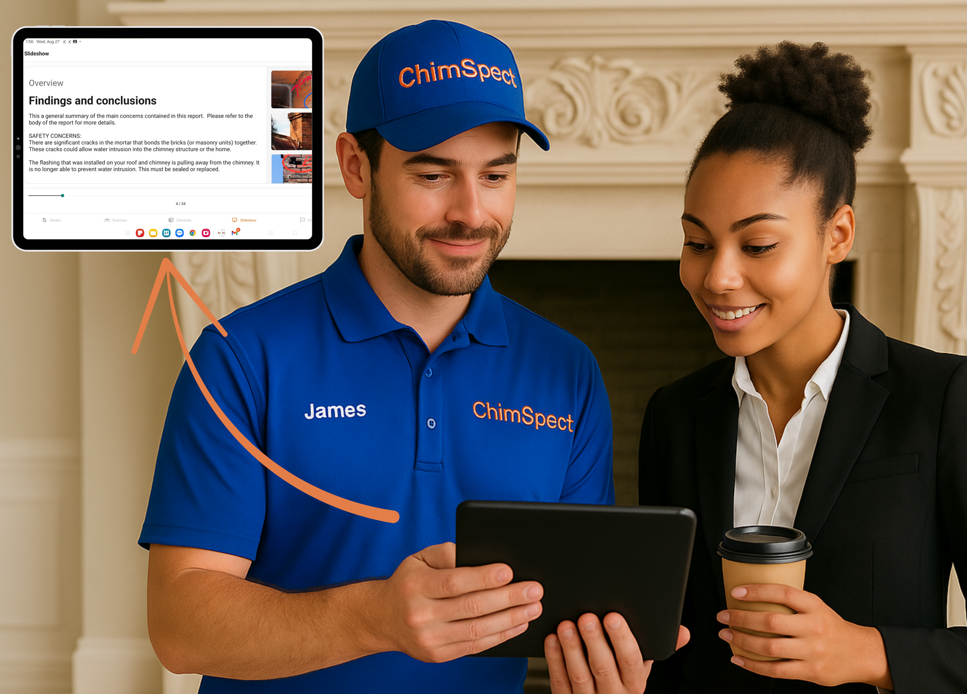 A man is standing in front of a fireplace holding a tablet.