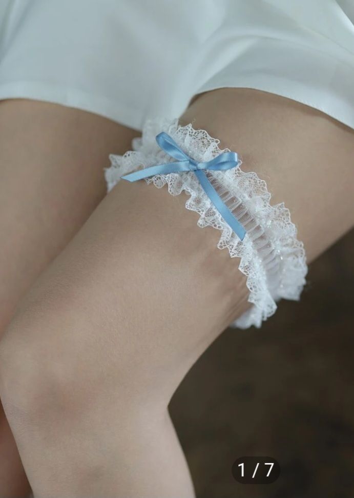 White Lace with Blue Ribbon Garter  — Shona's Lingerie in Hermit Park, QLD