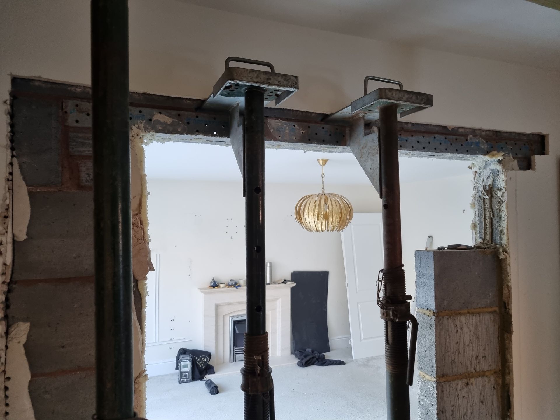 Structural opening acro props, kitchen living room load bearing wall removal