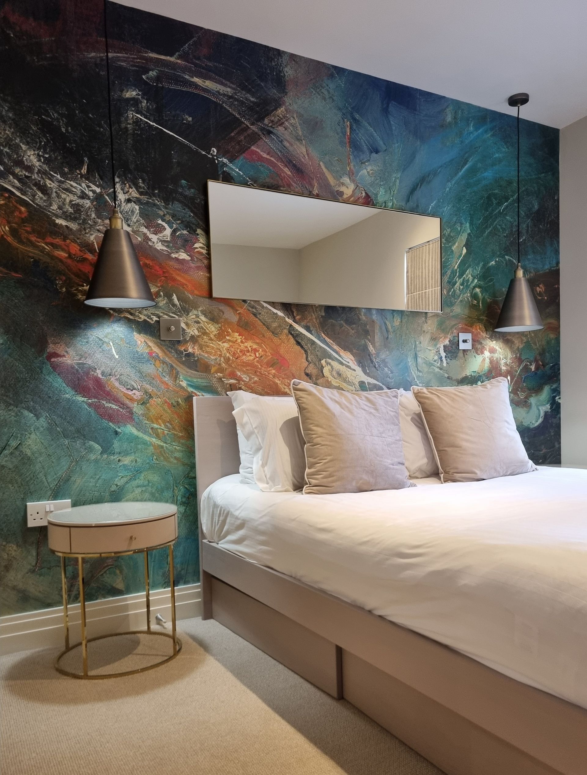 Feature bedroom headboard wall with mural, painting and decorating and interior design services