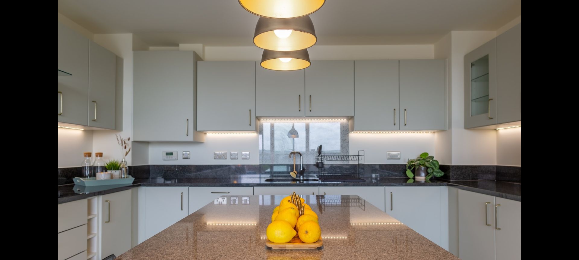 New kitchen refurbishment, kitchen island with stone worktop, kitchen island pendants