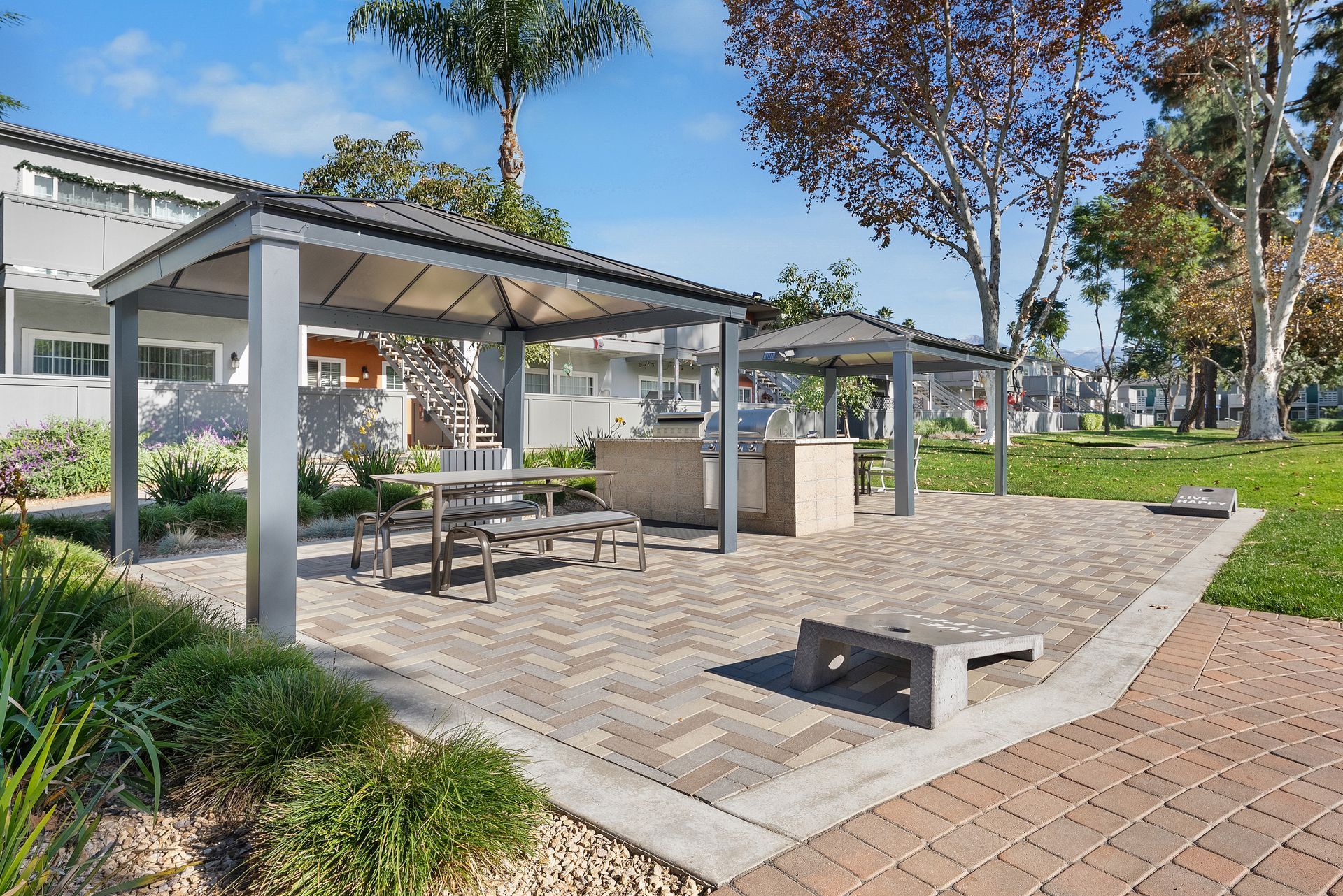 covered picnic area and cornhole wedges