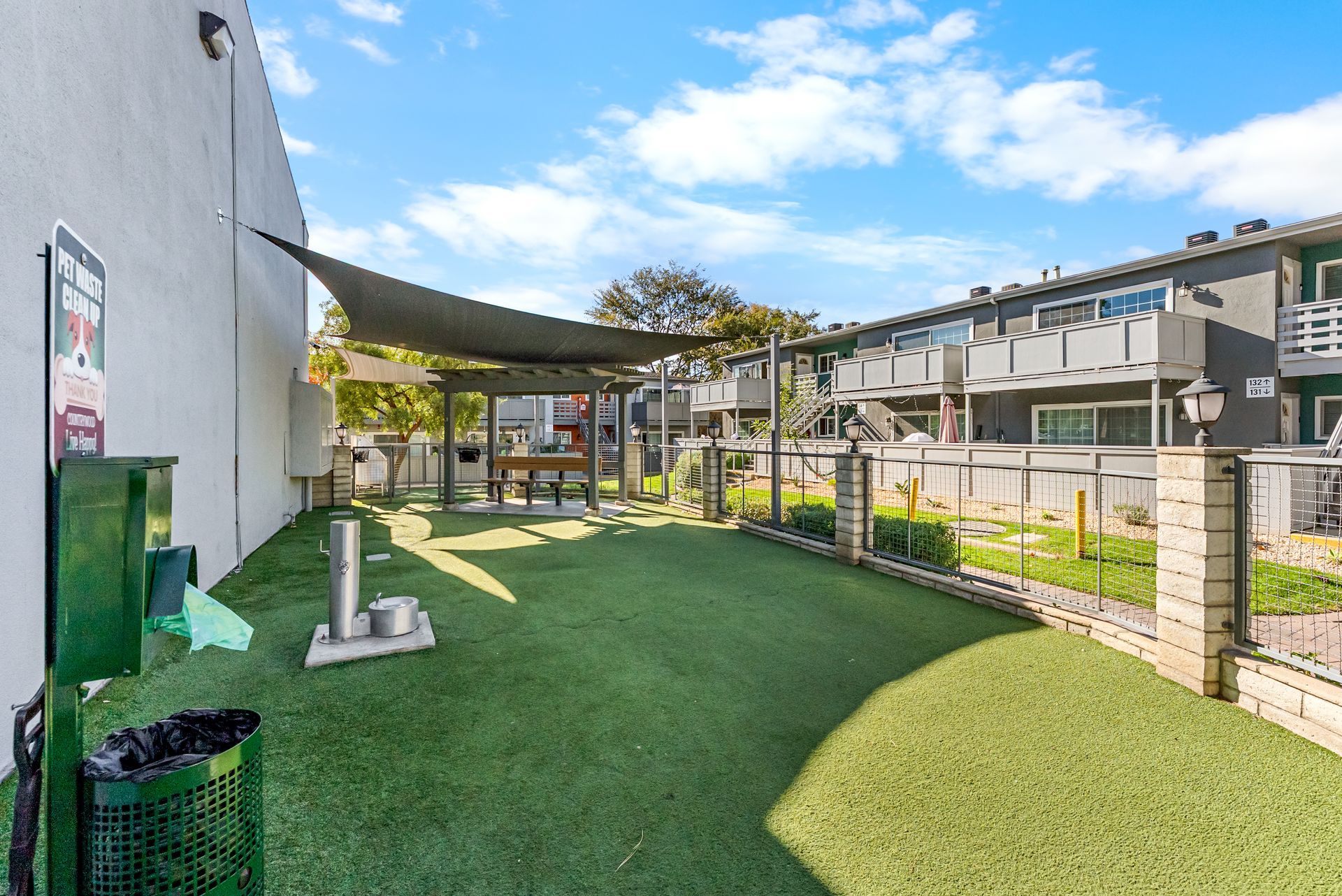dog park with sun shade and water fountain