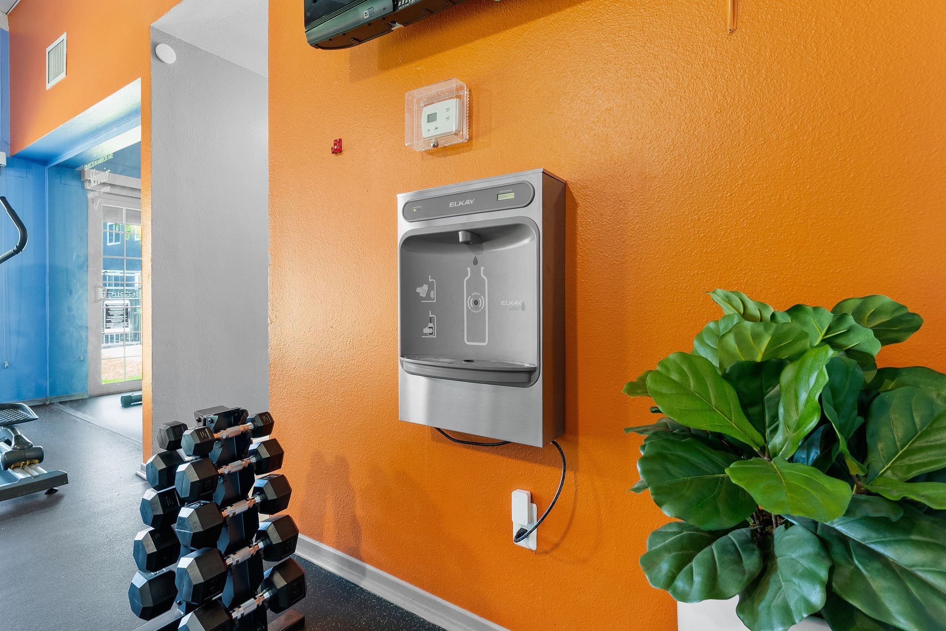 gym water bottle refill station and free weights