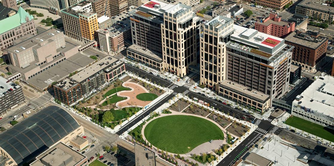 An aerial view of a city with lots of buildings