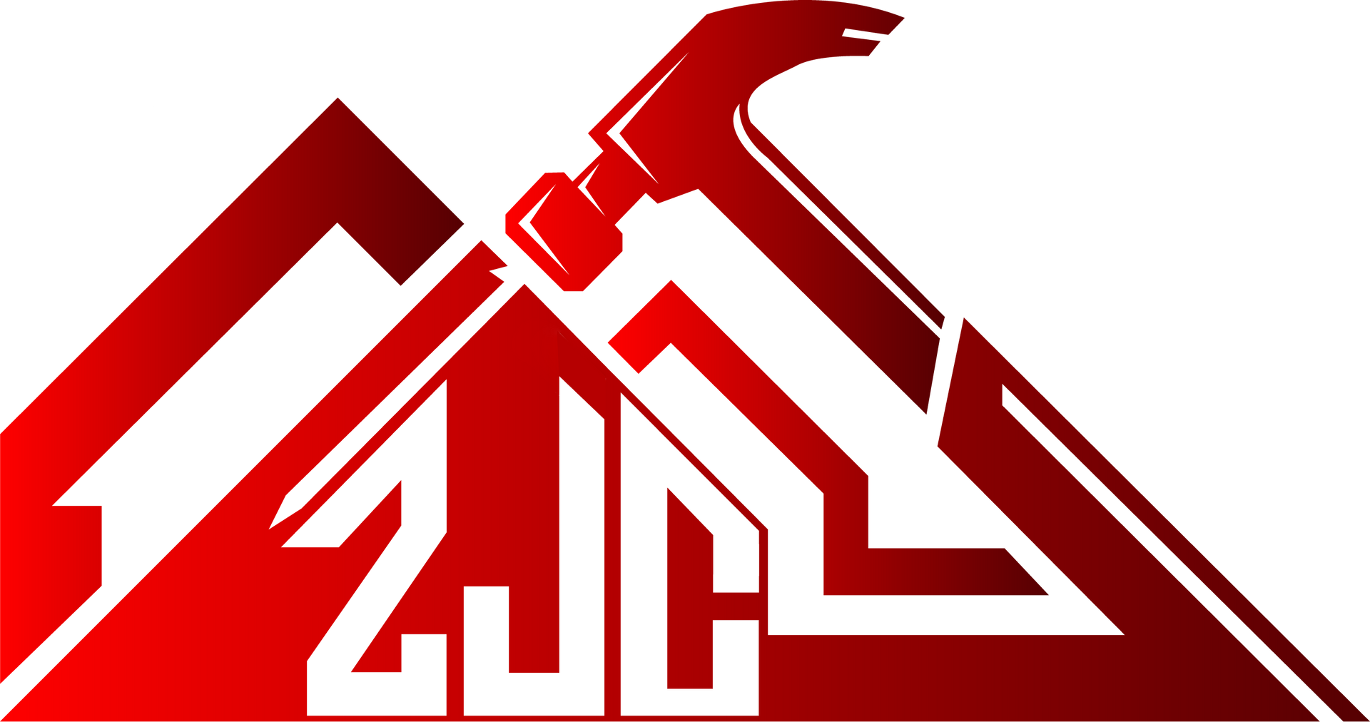 A red and white logo with a hammer on top of a house.