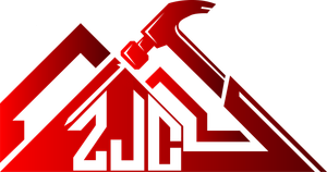 A red and white logo with a hammer on top of a house.