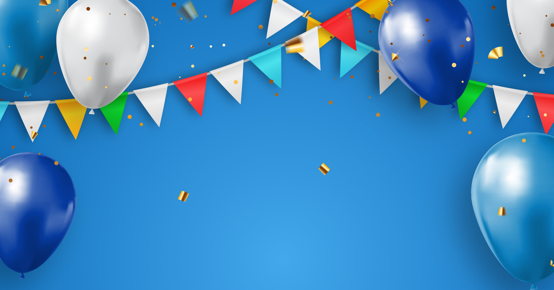 A blue background with balloons and flags on it.