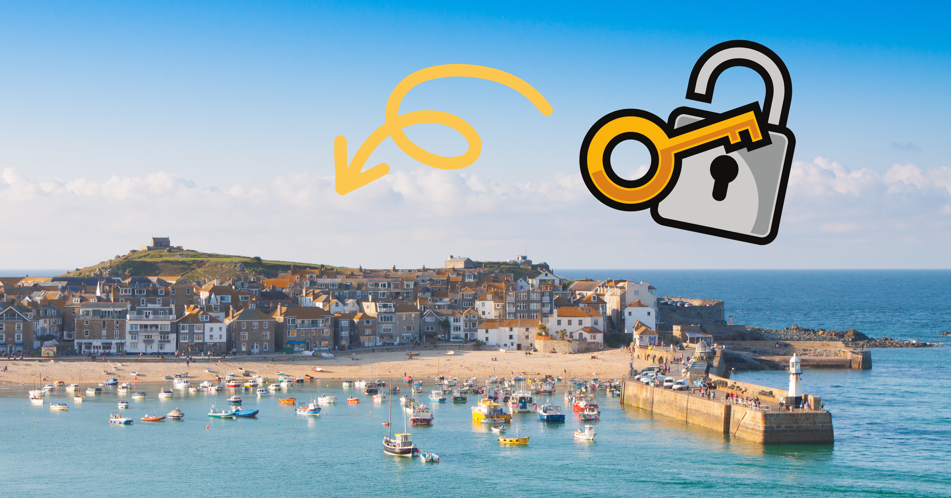 A picture of st ives, a key and lock signifying that this is the location of the escape room