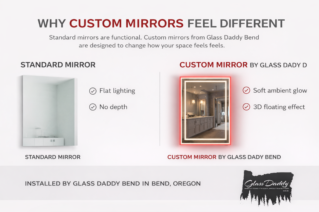 Infographic comparing standard mirror and custom mirror, with a framed mirror in a room.