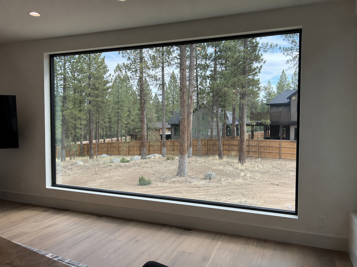Modern living room with a large picture window overlooking a fenced pine forest.