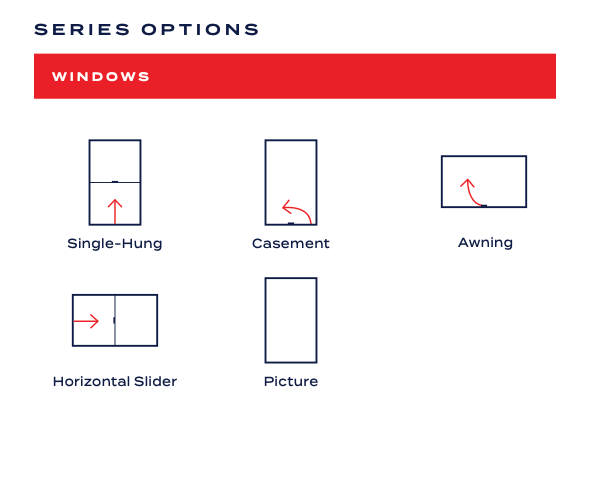 A series of options for windows including single hung casement awning horizontal slider picture