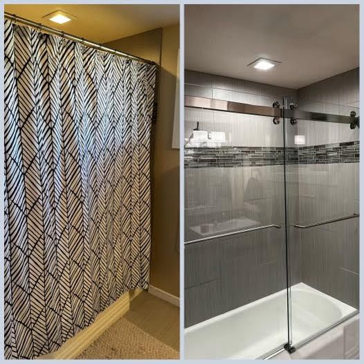 A bathroom with a shower curtain and a bathtub