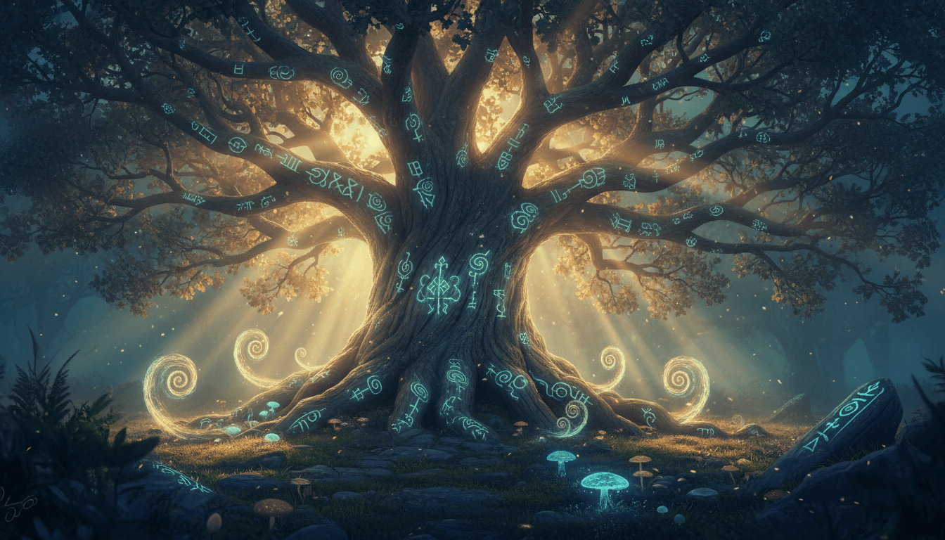 Lullabrae glowing magical tree in a forest clearing. Light beams, with luminous swirls around the base.