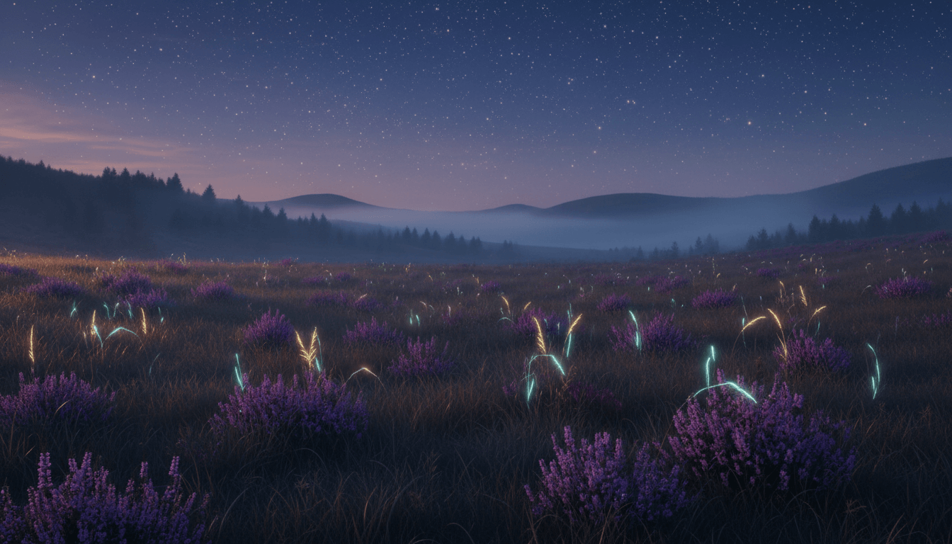 Lullabrae field of purple flowers glowing with blue and gold light under a starry night sky.