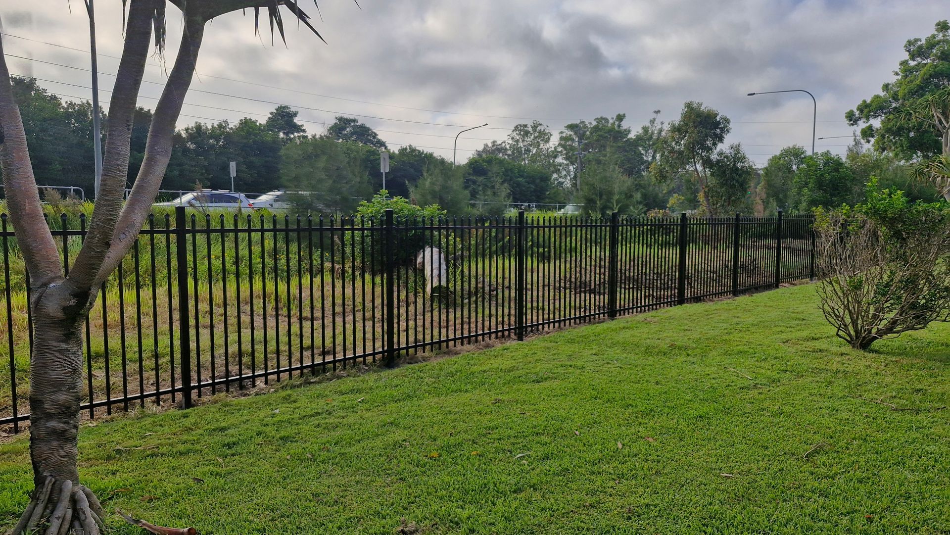 Black metal fence next to green grass and a small ditch with trees and a cloudy sky. — Strike Fencing & Gates In Tuggerah, NSW
