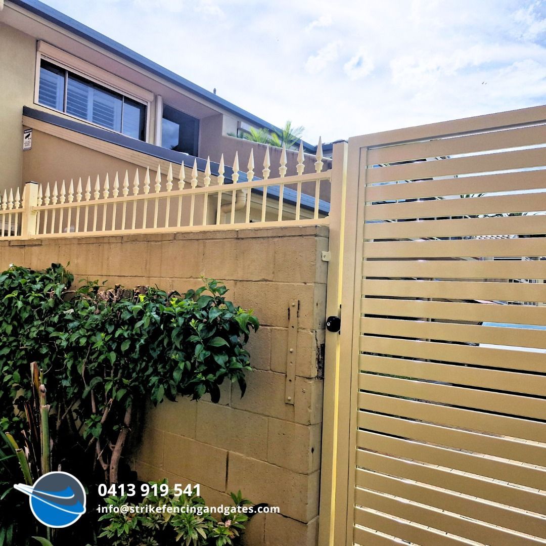 Beige Metal Gate and Fence — Strike Fencing & Gates In Killarney, NSW