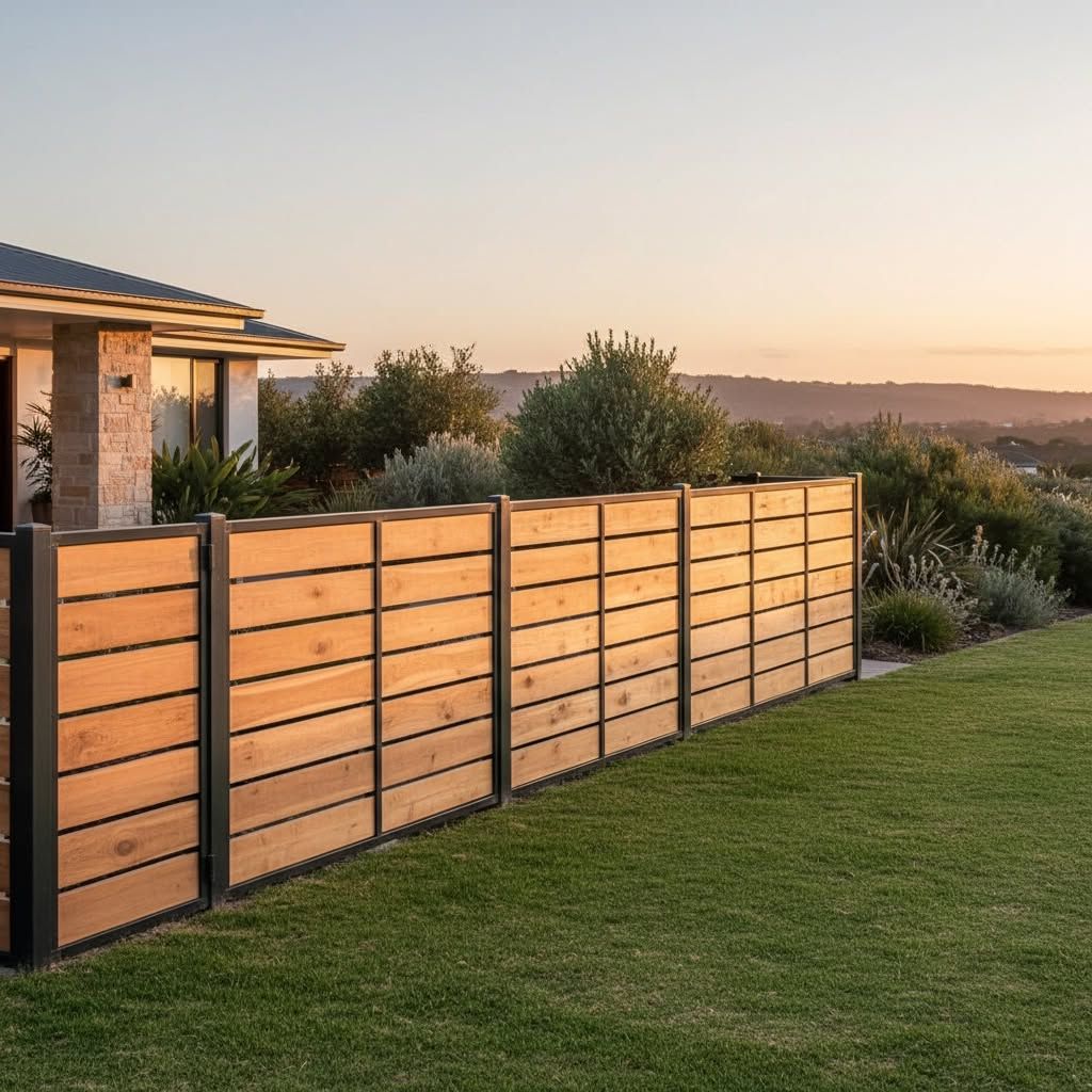 Wooden fence with black posts encloses a grassy yard with a house— Strike Fencing & Gates In Tuggerah, NSW