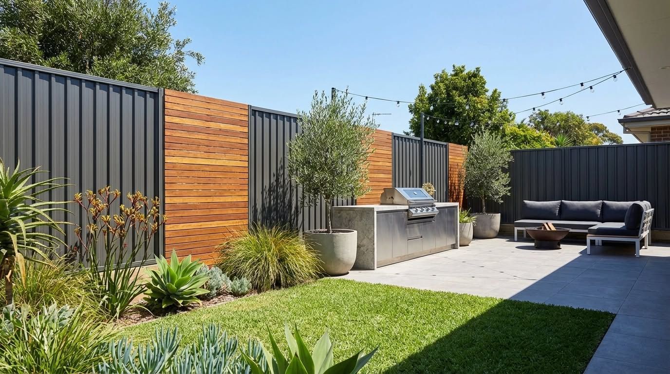 Backyard with grill, seating, and landscaping against a black fence. — Strike Fencing & Gates In Tuggerah, NSW