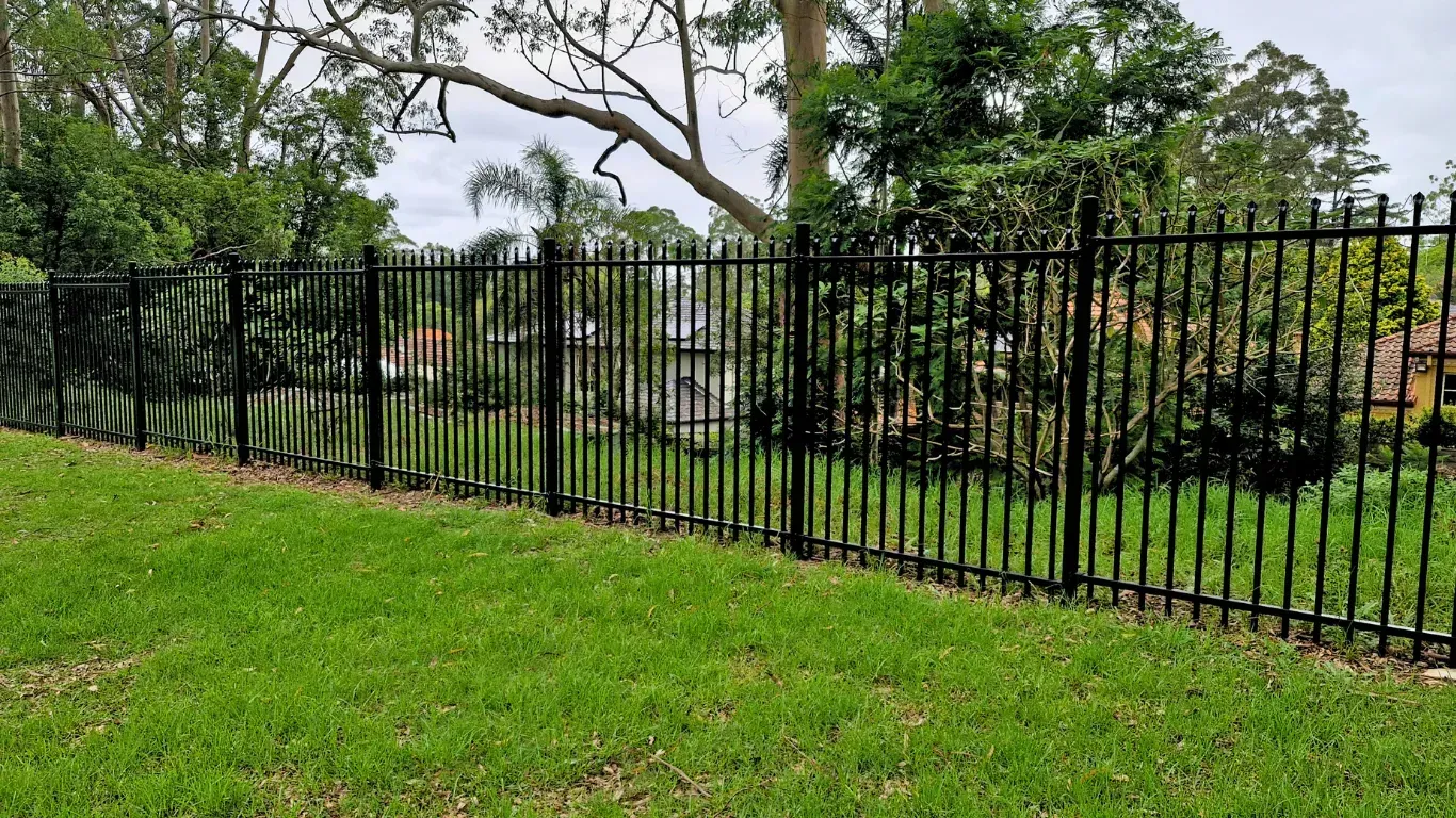 Black Metal Fence on Green Grass — Strike Fencing & Gates In Tuggerah, NSW