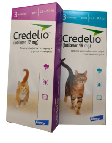 Dos cajas de Credelio para pulgas y garrapatas en gatos. Una caja con 12 mg y la otra con 48 mg.