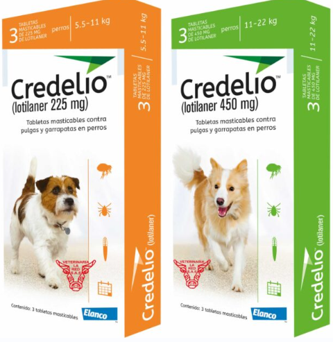 Dos cajas de Credelio para perros: naranja (5,5-11kg) y verde (11-22kg), con un perro en cada una.