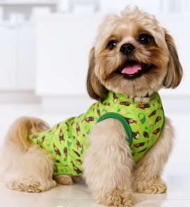 Perro con camiseta estampada de Mickey Mouse, levantando una pata.