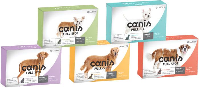 Cajas de prevención de pulgas y garrapatas para perros en varios colores, cada una con una ilustración de un perro.