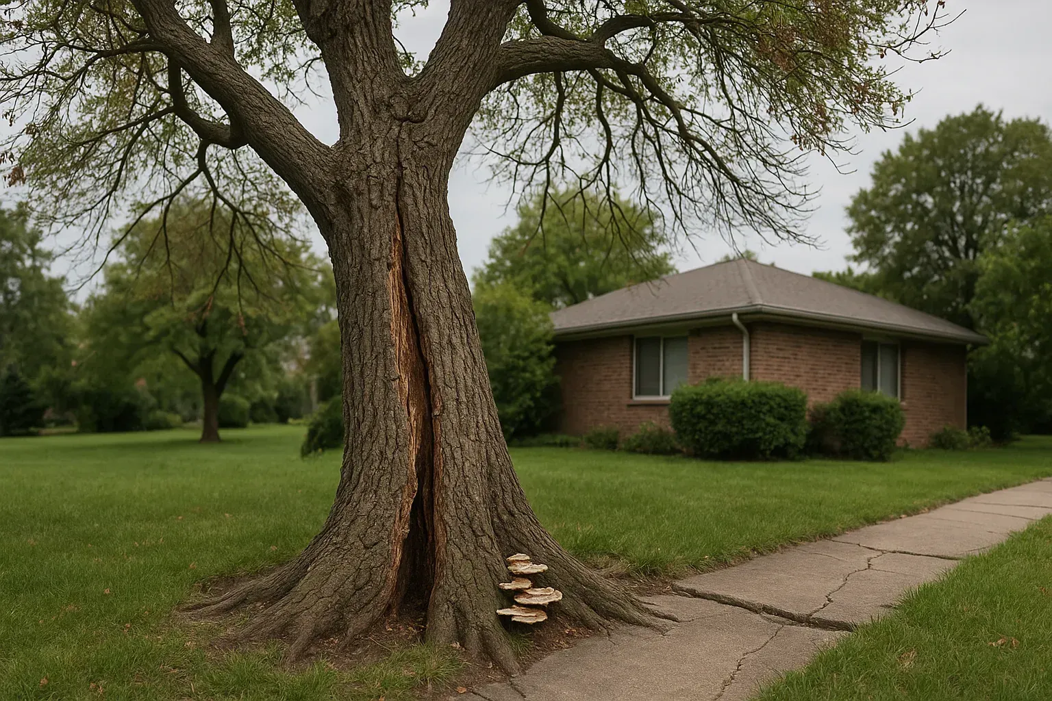 A mature deciduous tree in a suburban yard shows signs of distress with a large vertical crack in it