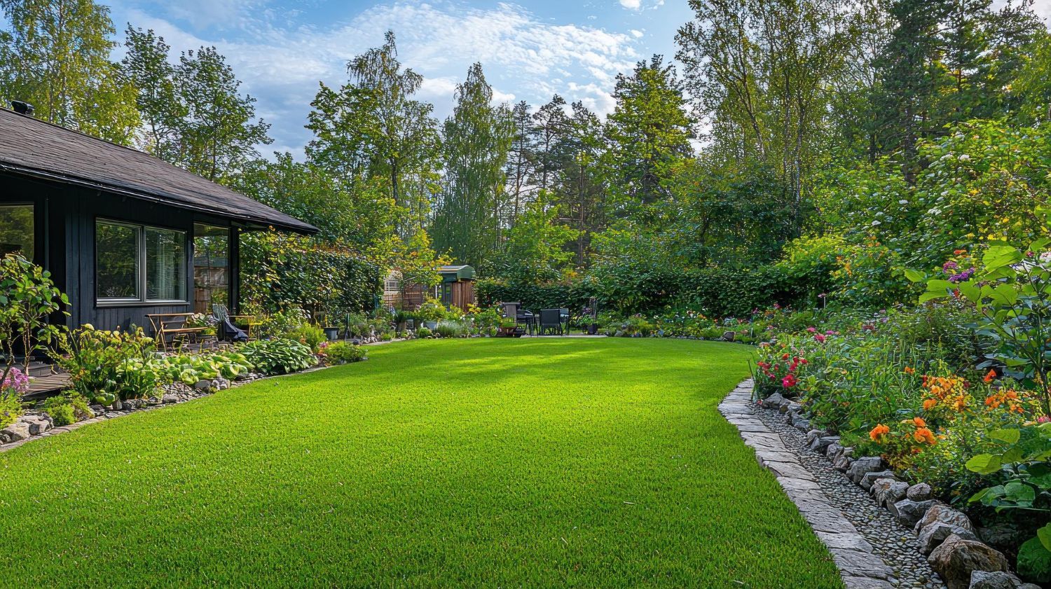 A large lush green lawn in front of a house surrounded by trees and flowers.