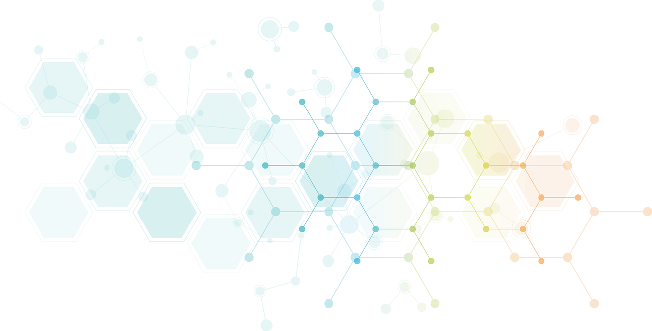 A white background with a geometric pattern of hexagons and lines.