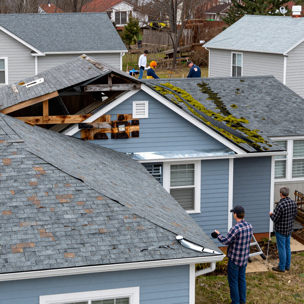 Workers inspecting storm-damaged house roofs with exposed rafters and scattered shingles