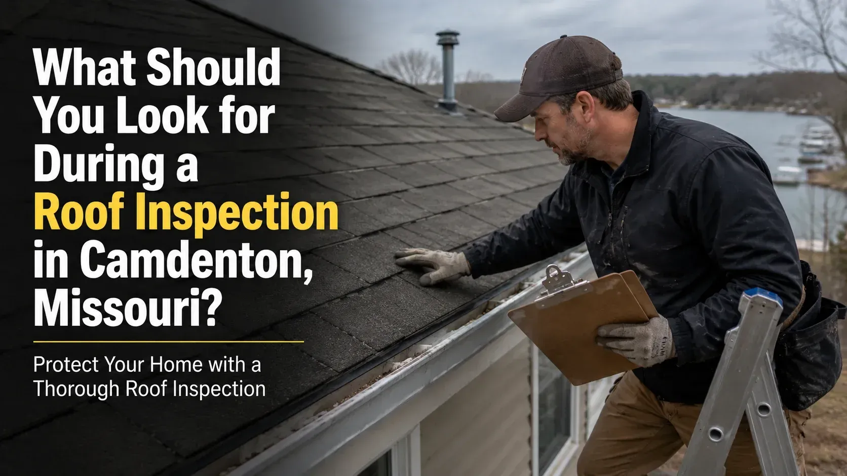 An inspector assessing a shingled roof with a clipboard, featuring text explaining what should you look for during a roof inspection.