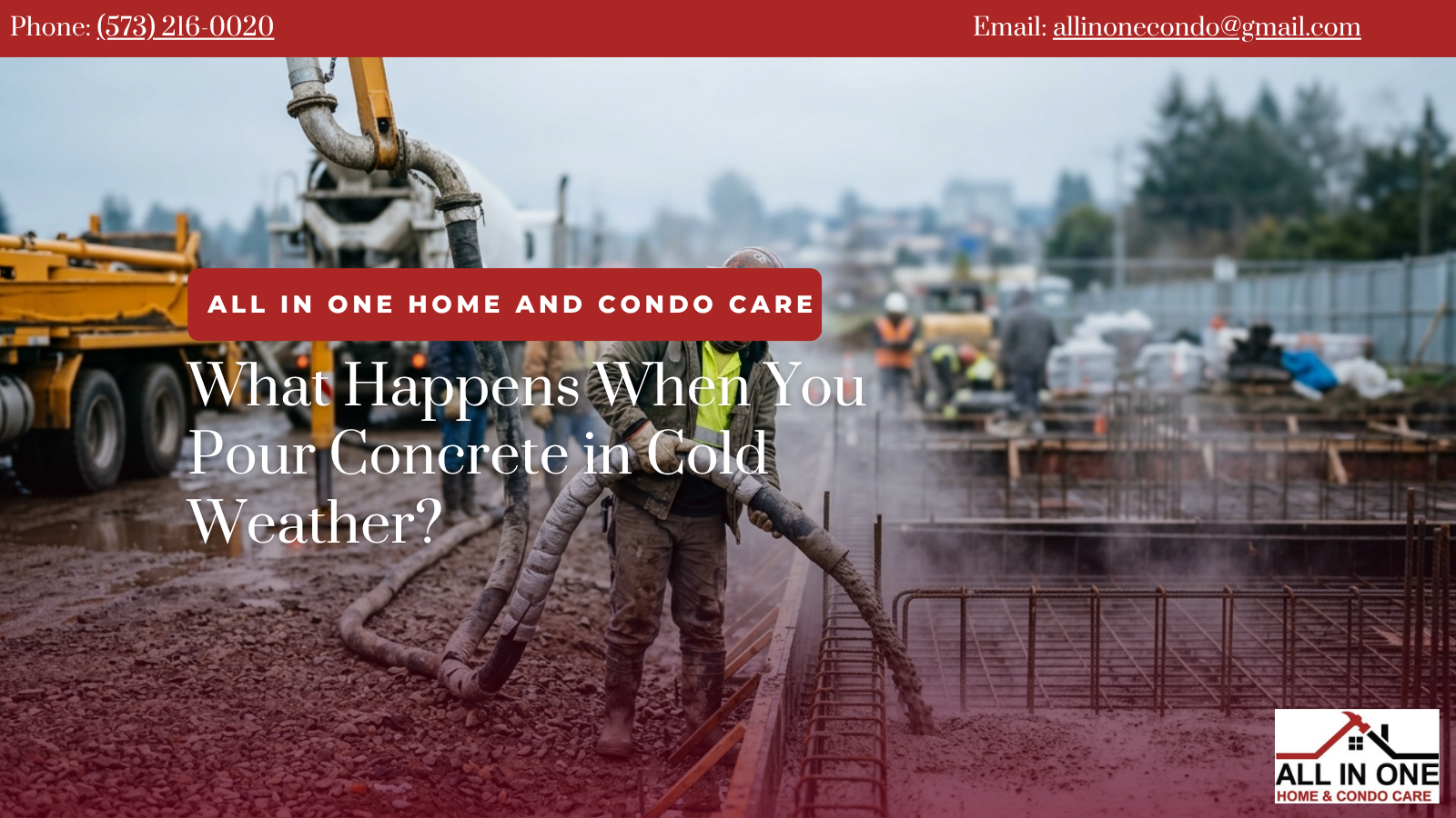 Outdoor condo patio with red headline about cold weather furniture care and an All in One logo