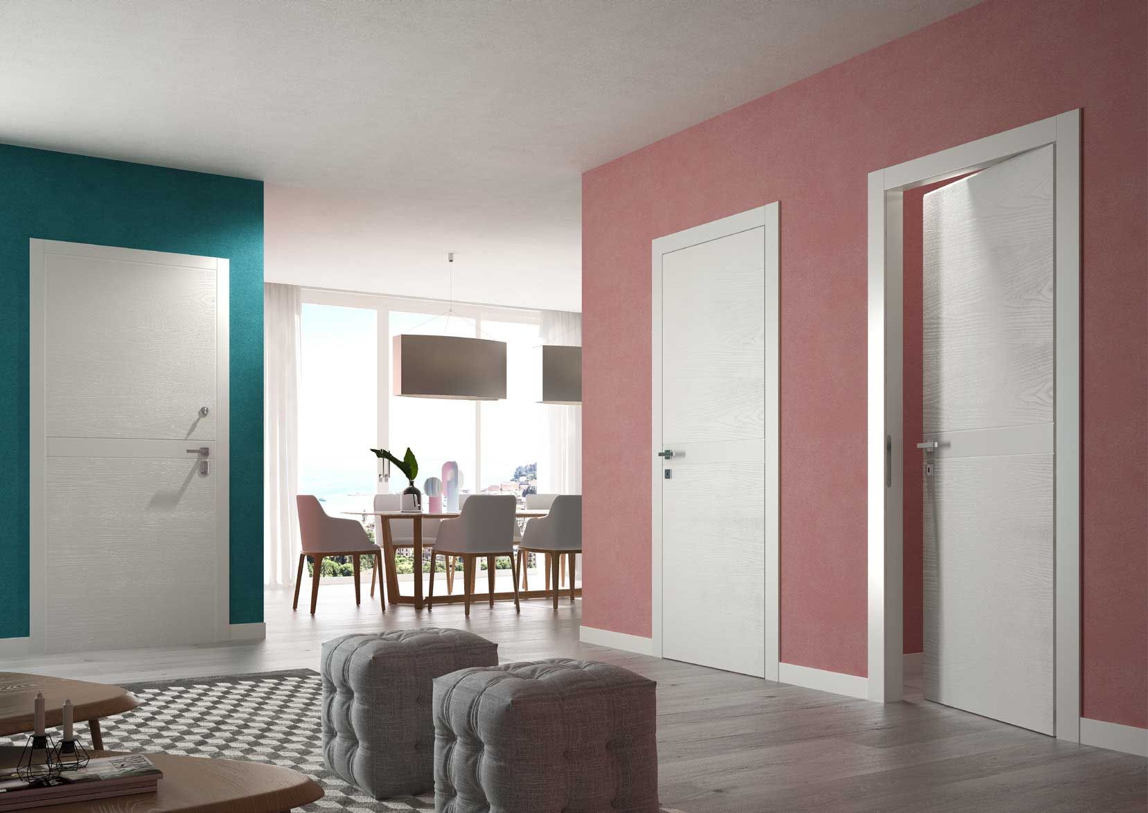 soggiorno moderno con pareti rosa e blu e porte bianche