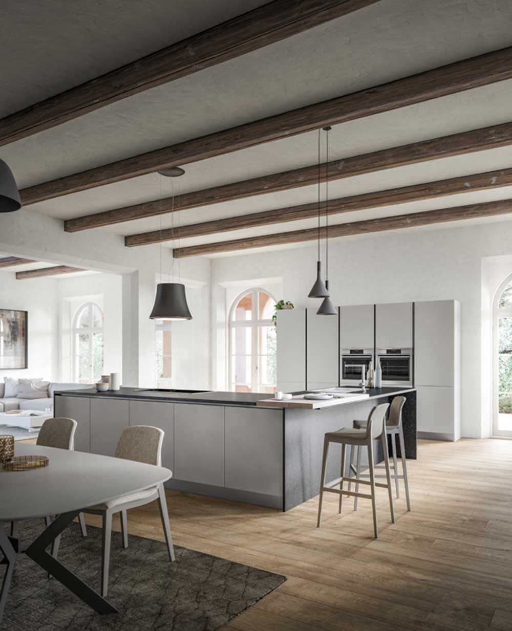 una cucina con tavolo e sedie moderne