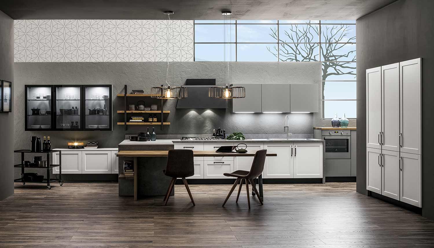 una cucina moderna con tavolo e sedie