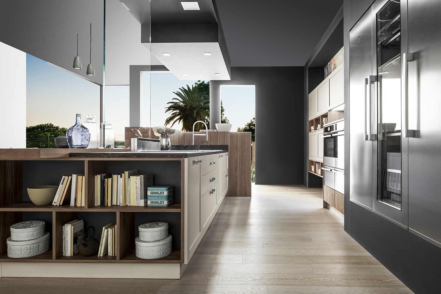 cucina moderna con elettrodomestici in acciaio e armadi in legno