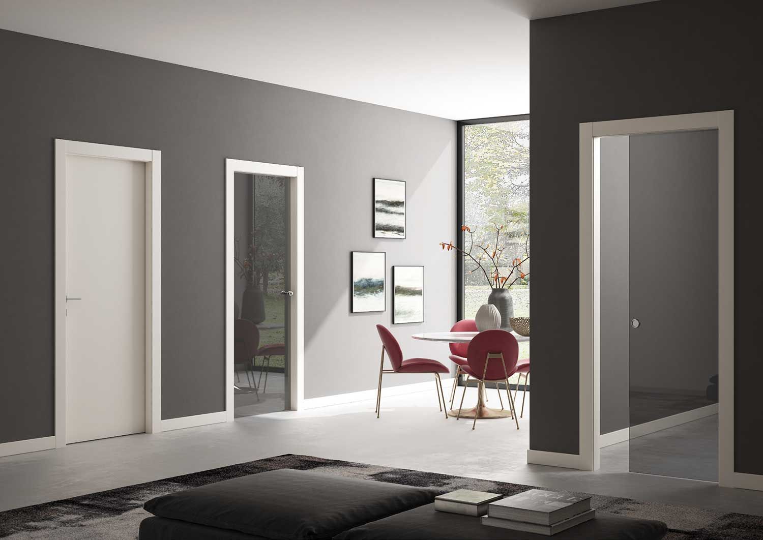 soggiorno con pareti grigie e porte bianche