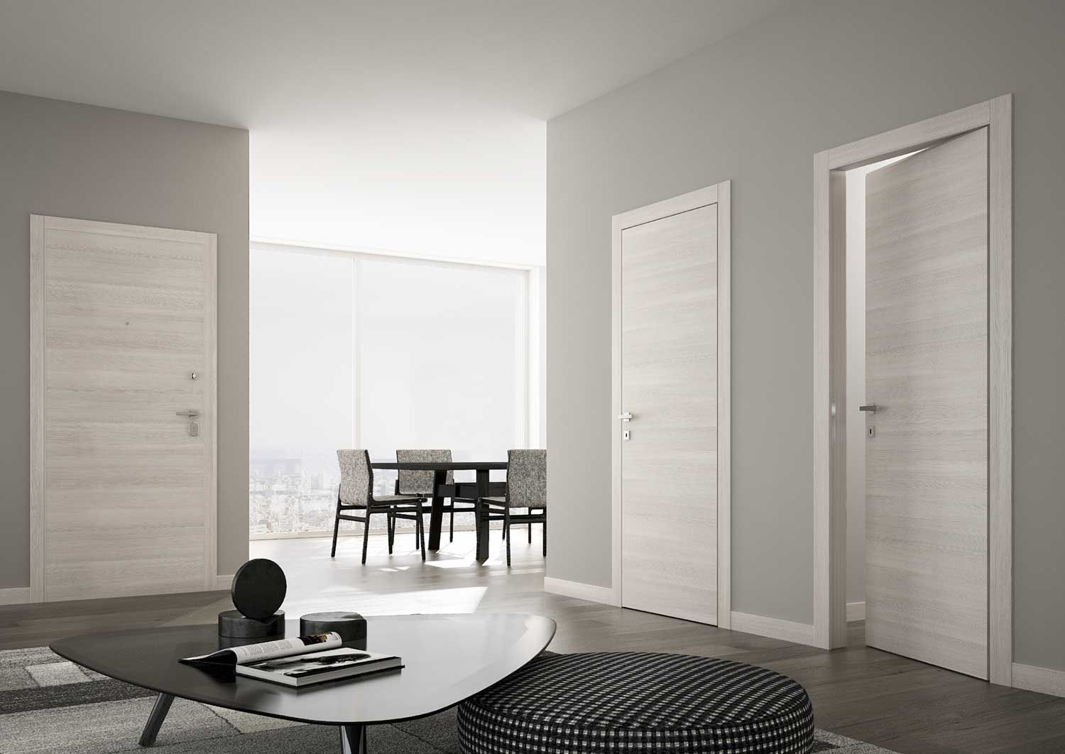 soggiorno con porte bianche, tavolo e sedie