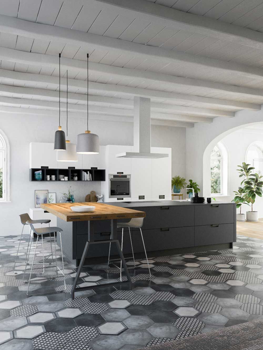 cucina con pavimento in piastrelle esagonali e una grande isola